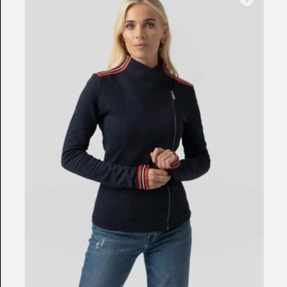 Saint + Sofia Organic Cotton Biker Jacket in Navy Red/Orange Stripe - Picture 2 of 10